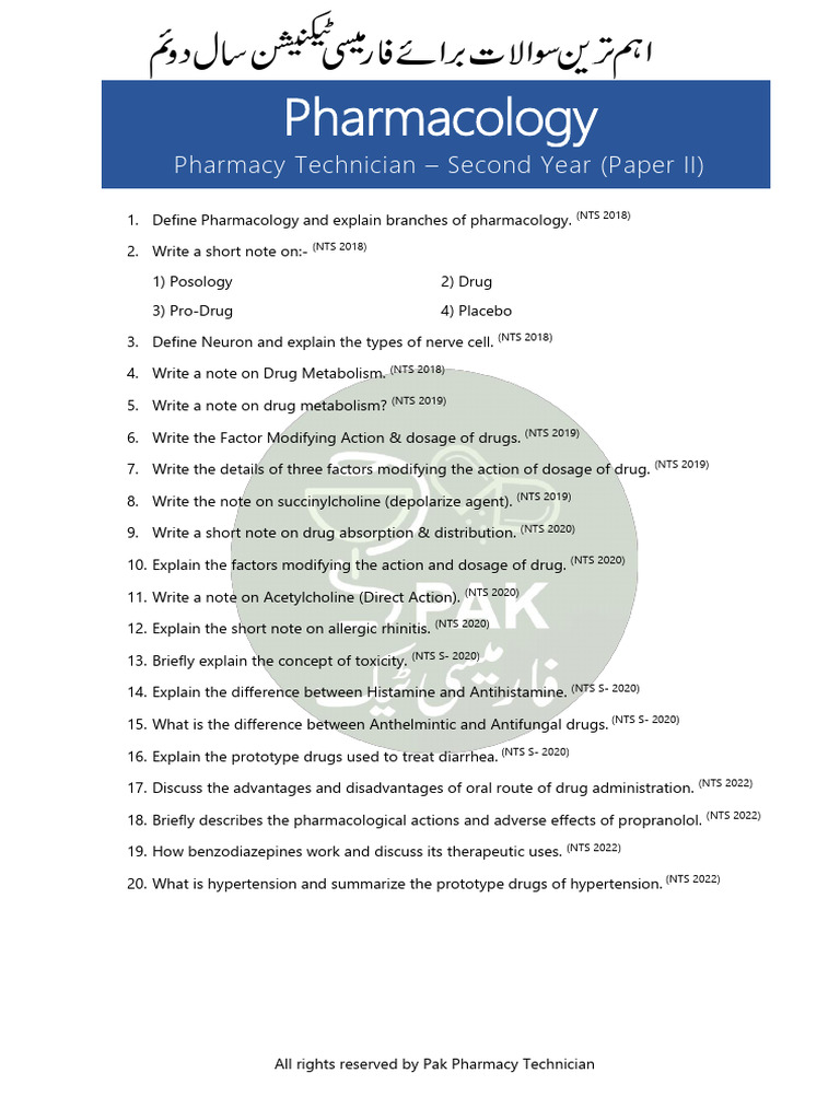 Pharmacology 5 years past papers pdf