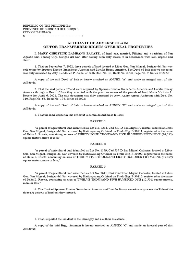 Affidavit of Adverse Claim - Pacate | PDF | Public Law | Judiciaries
