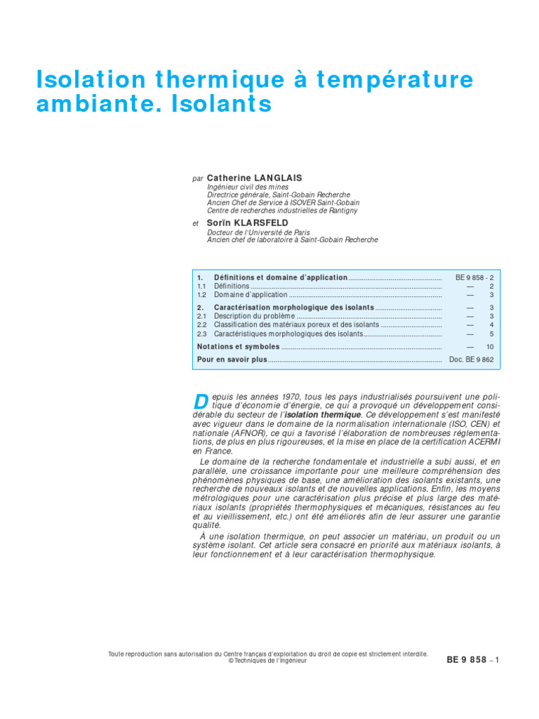 Isolation Thermique À Température Ambiante. Isolants: Catherine ...