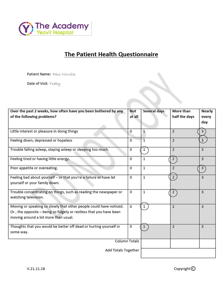 Community PHQ9 Form PDF Major Depressive Disorder Antidepressant