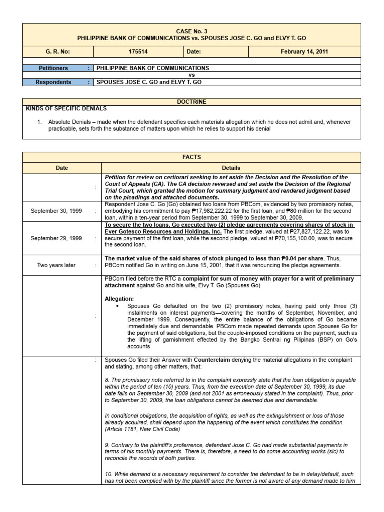 Case No. 3 PBCOM v. Go, G.R. No. 175514 (2011) | PDF