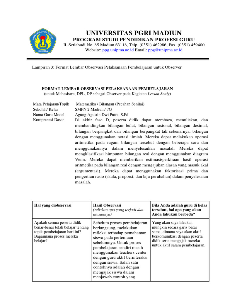 Format Lembar Observasi Pembelajaran | PDF