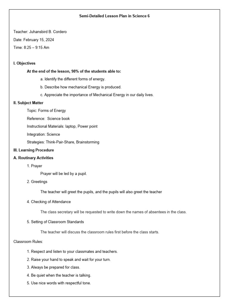 Semi Detailed LP Demo | PDF | Teachers | Lesson Plan