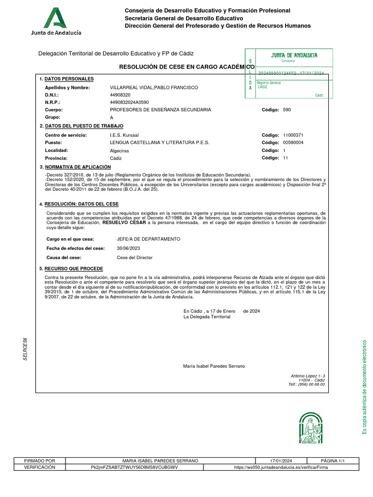 Cese de Cargo Académico en Cádiz | PDF