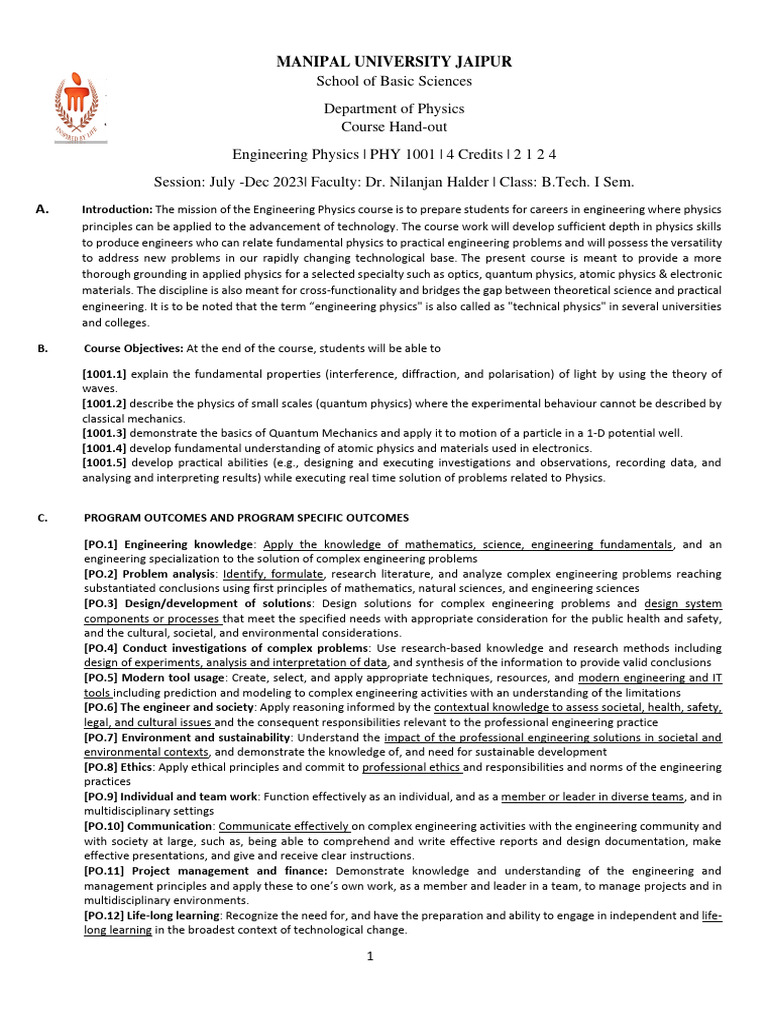 PY1001-EP-Course Hand Out | PDF | Teaching Methods & Materials ...