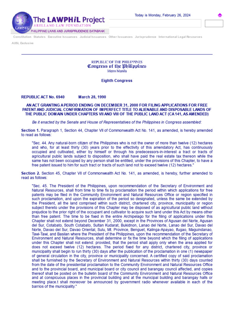 RA 6940: Free Patent Application Deadline | PDF | Law