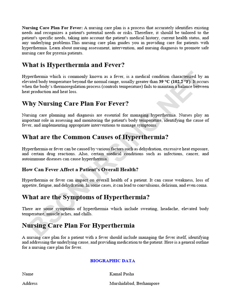 Nursing Care Plan For Hyperthermia PDF | PDF