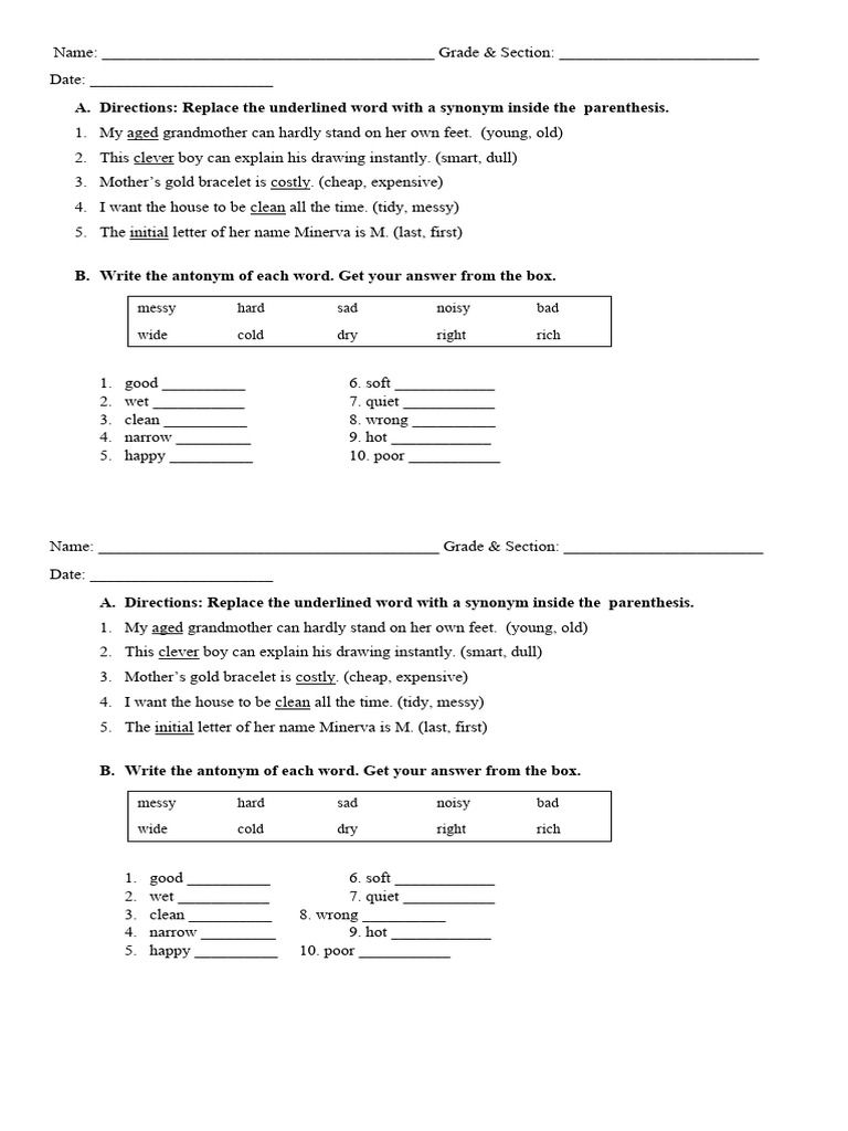 Use Thesaurus to find Synonyms and Antonyms Evaluation PDF