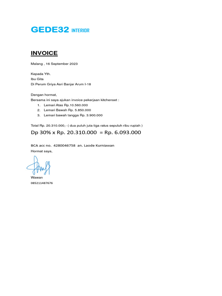 Invoice DP Project Ibu Gita Perum Griya Asri Banjar Arum I-18 | PDF