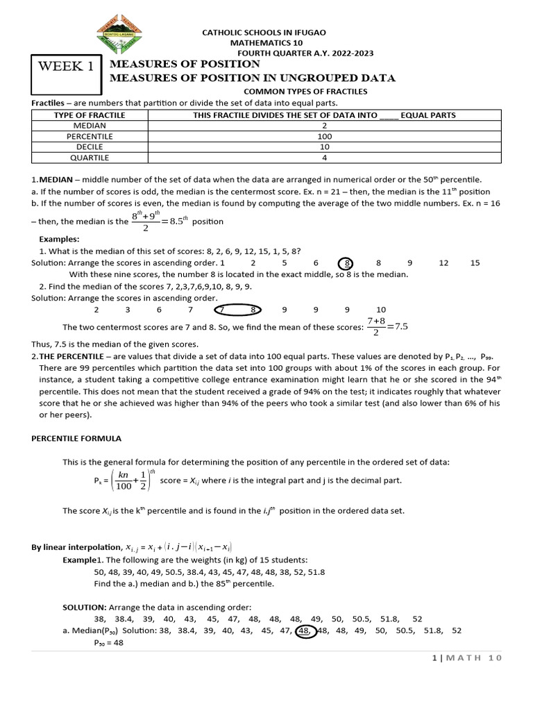 Measures of Position in Mathematics 10 | PDF | Sampling (Statistics ...
