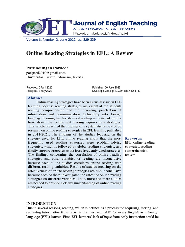 EFL Online Reading Strategies Review | PDF | Reading Comprehension ...