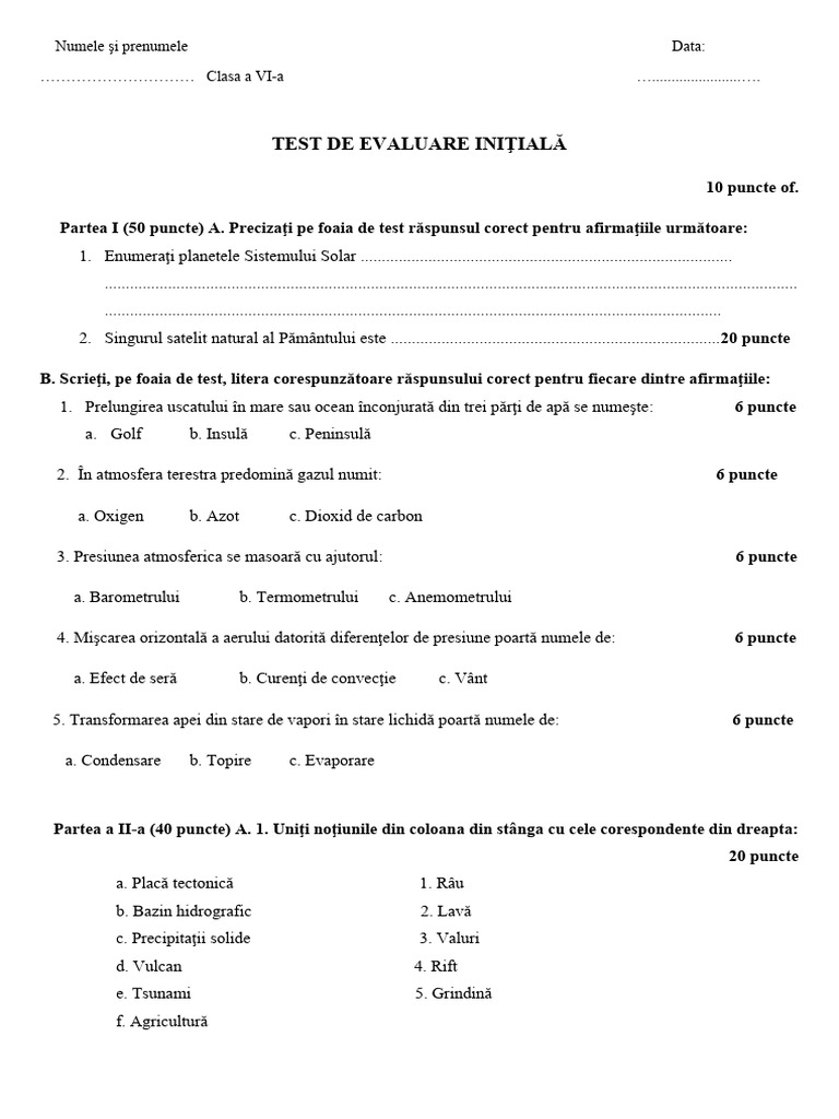 Test Initial Clasa A VI-a Geografie | PDF