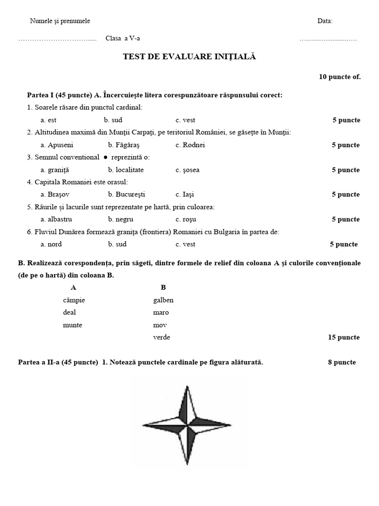 Test initial clasa a V-a Geografie | PDF