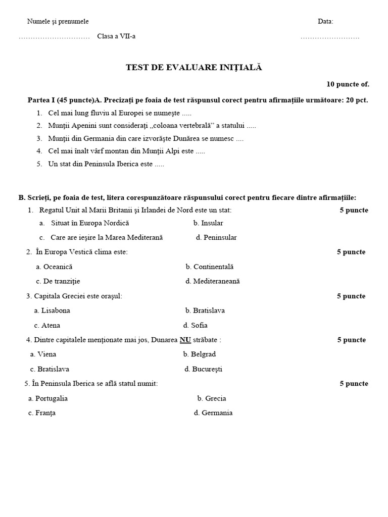 Test Initial Clasa A VII-a Geografie | PDF