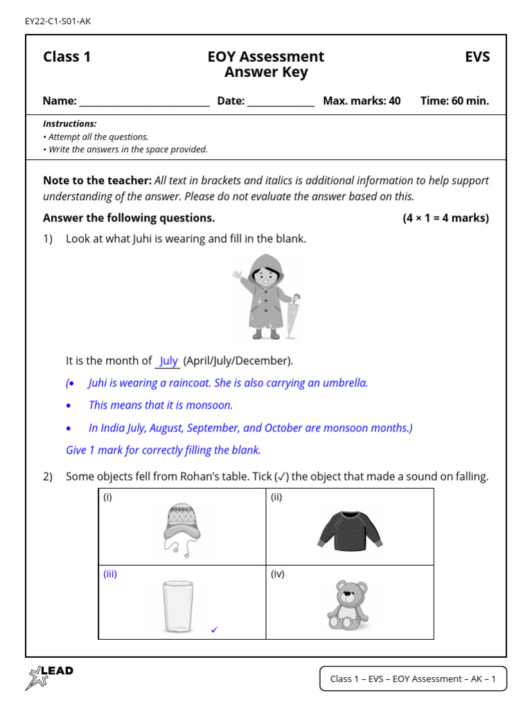 Class 1 EVS EOY Assessment Guide | PDF
