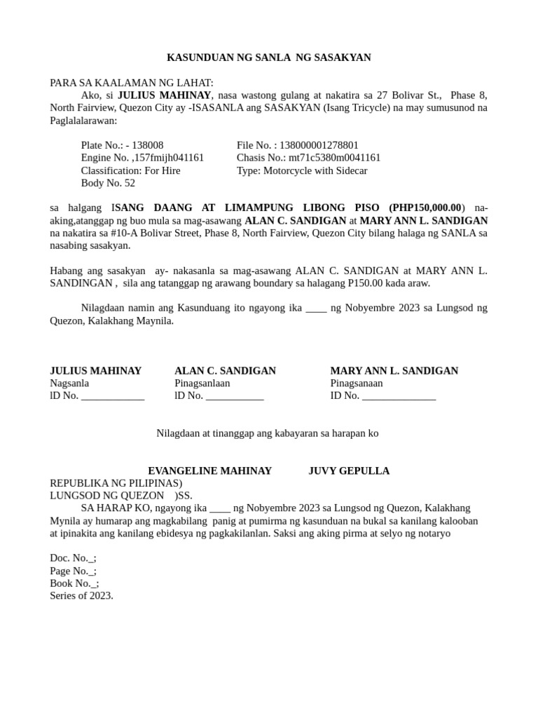 paralegal - kasunduan sa sanla ng sasakyan | PDF