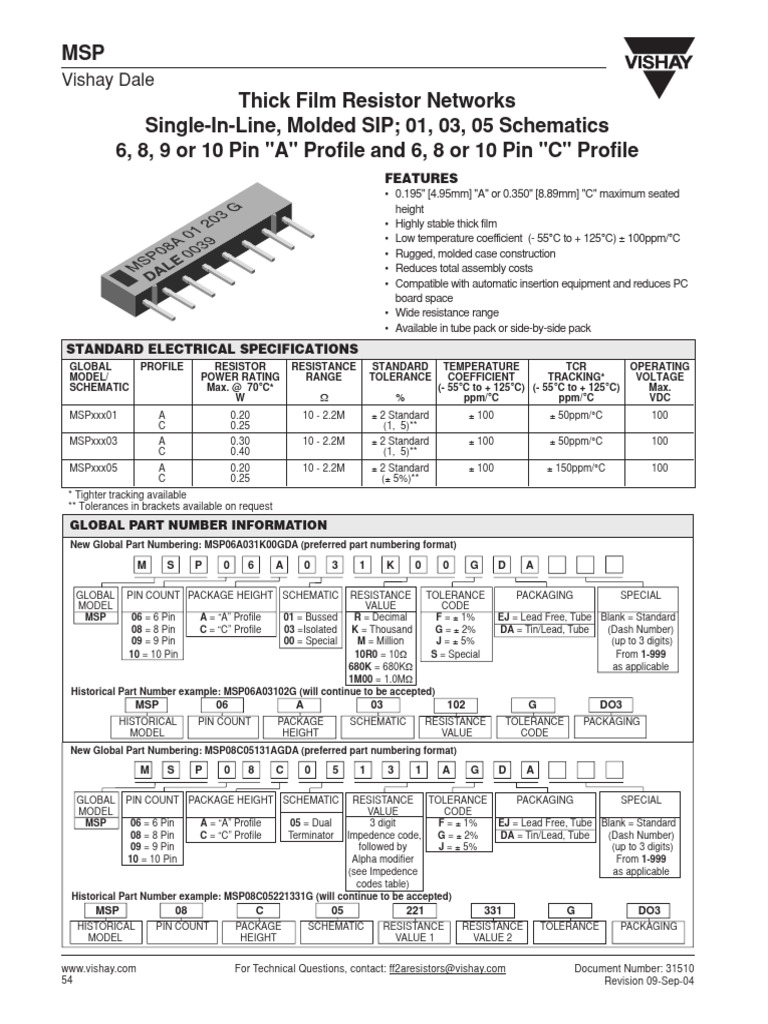 MSP Thick Film Resistor Networks SingleInLine, Molded SIP 01, 03, 05 Schematics 6, 8, 9 or 10