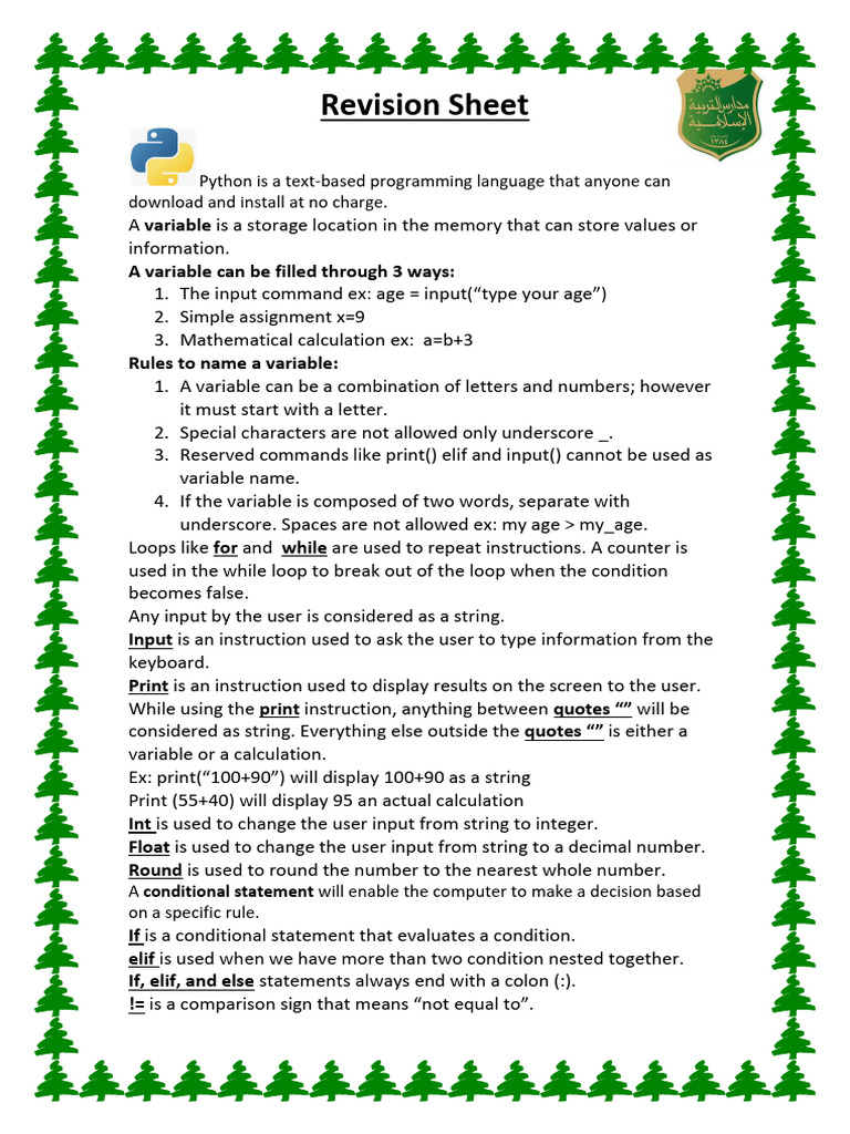 G9 revision sheet python download free pdf control flow