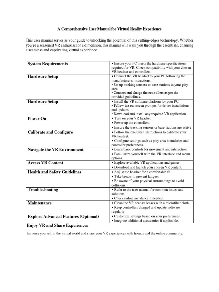 A Comprehensive User Manual For Virtual Reality Experience Pdf