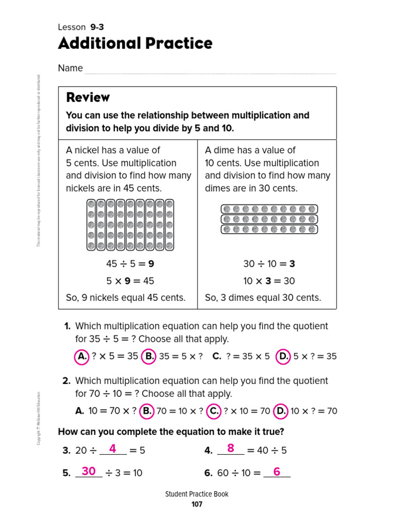 3-09-03 Additional Practice Book Answers - Divide by 5 and 10 | PDF ...