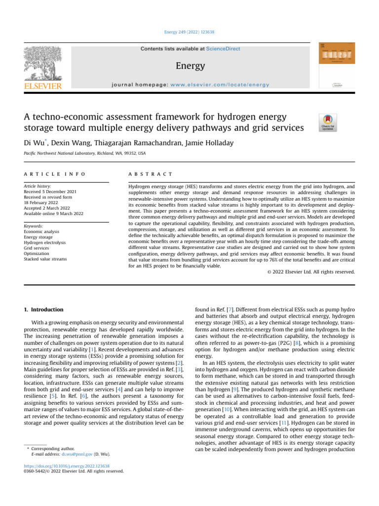 A Techno-Economic Assessment Framework For Hydrogen Energy Storage ...