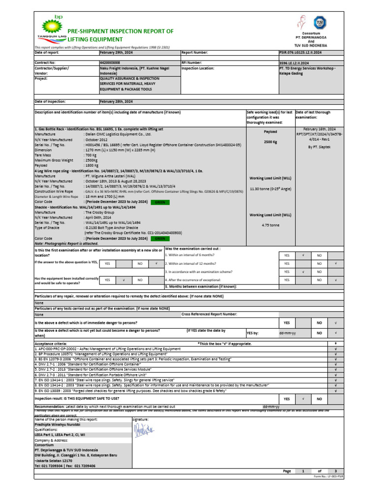 Lifting Equipment Pre-Shipment Inspection Report | PDF | Safety