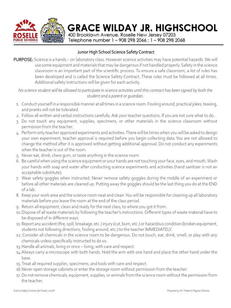 Junior High Science Safety Contract | PDF | Laboratories