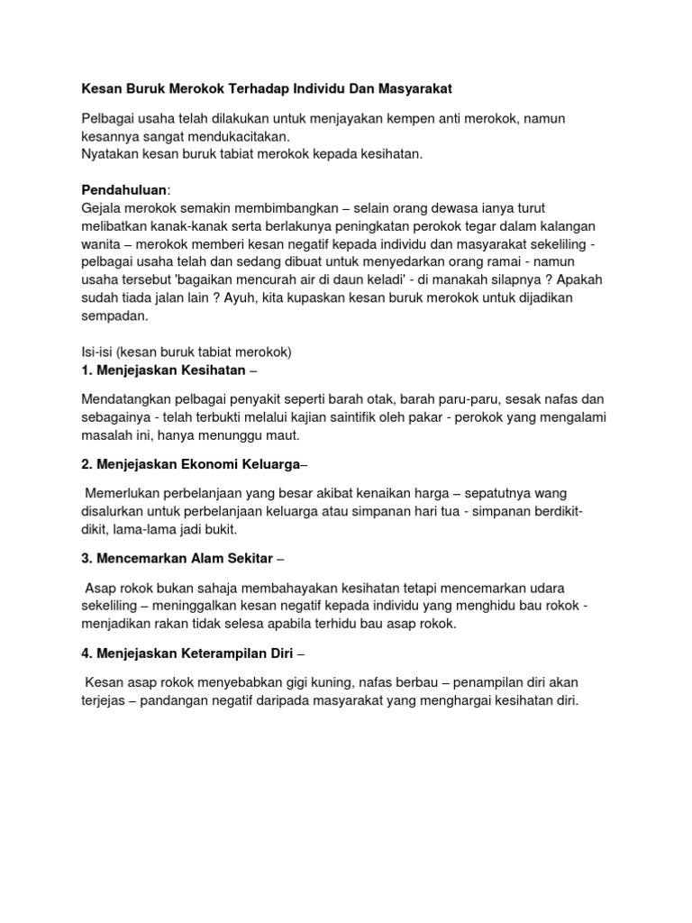 Kesan Buruk Merokok Terhadap Individu Dan Masyarakat Pdf