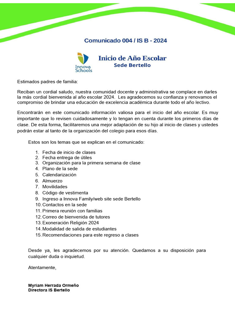 Comunicado Inicio de A241o Escolar 2024 - EN PROCESO - 1 - 16485299 | PDF