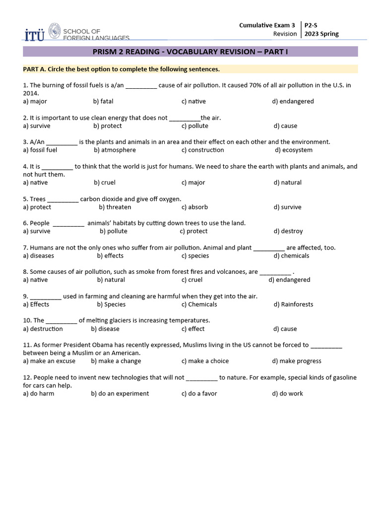 Prism 2 Reading Vocabulary Revision Part I PDF Atmosphere Of