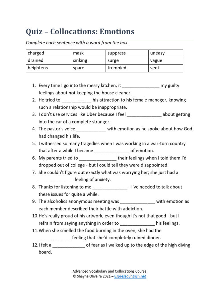 Worksheet+-+Collocations+Emotions | PDF | Feeling | Emotions