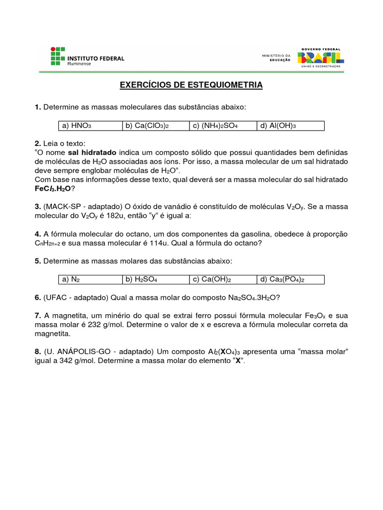 Exercícios de Estequiometria e Massas Moleculares | PDF | Métodos e ...