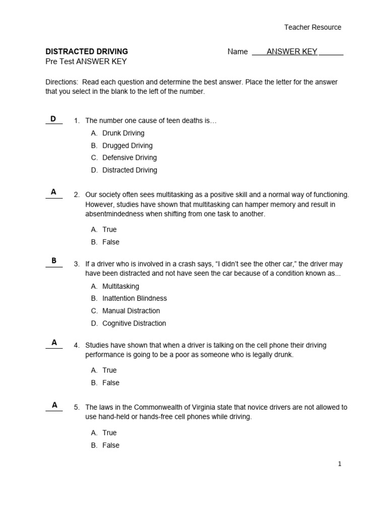 Distracted Driving Quiz Answer Key | PDF