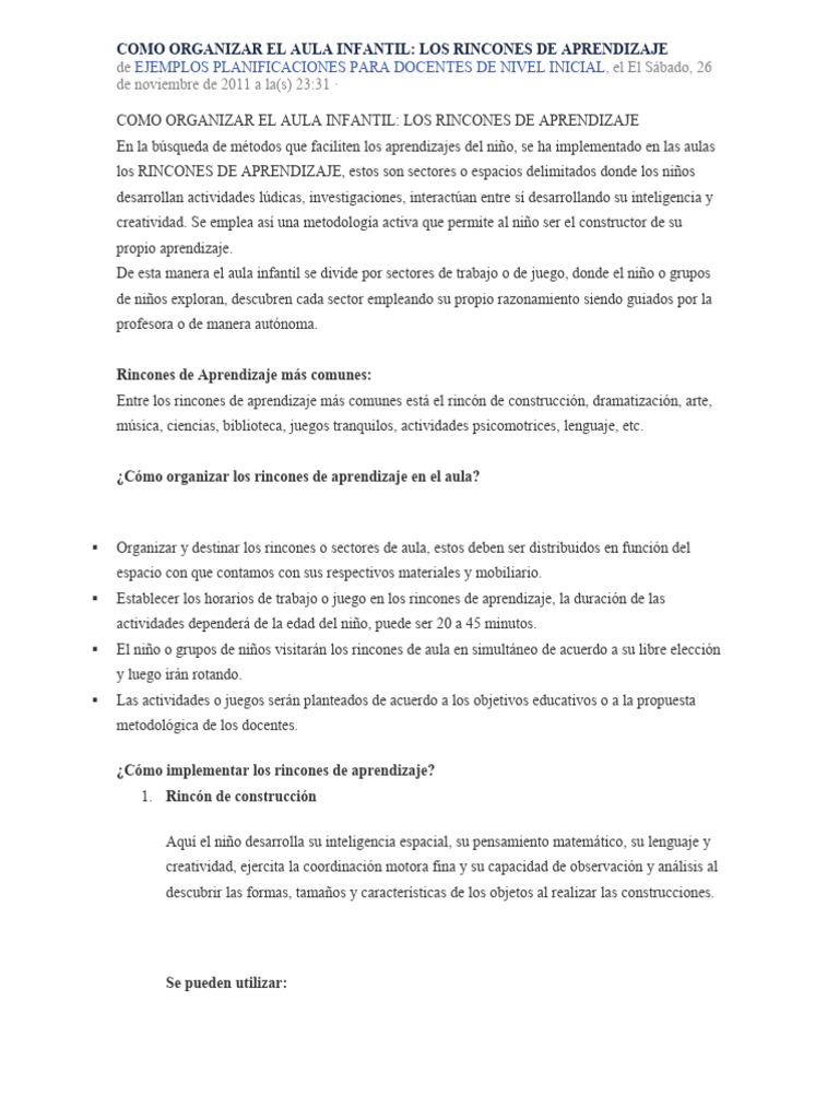 Como Organizar El Aula Infantil | PDF | Salón de clases | Aprendizaje