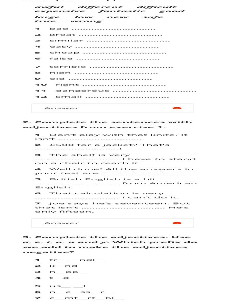 English Word Skills Exercises For A1 Adjectives Opposites English Pdf