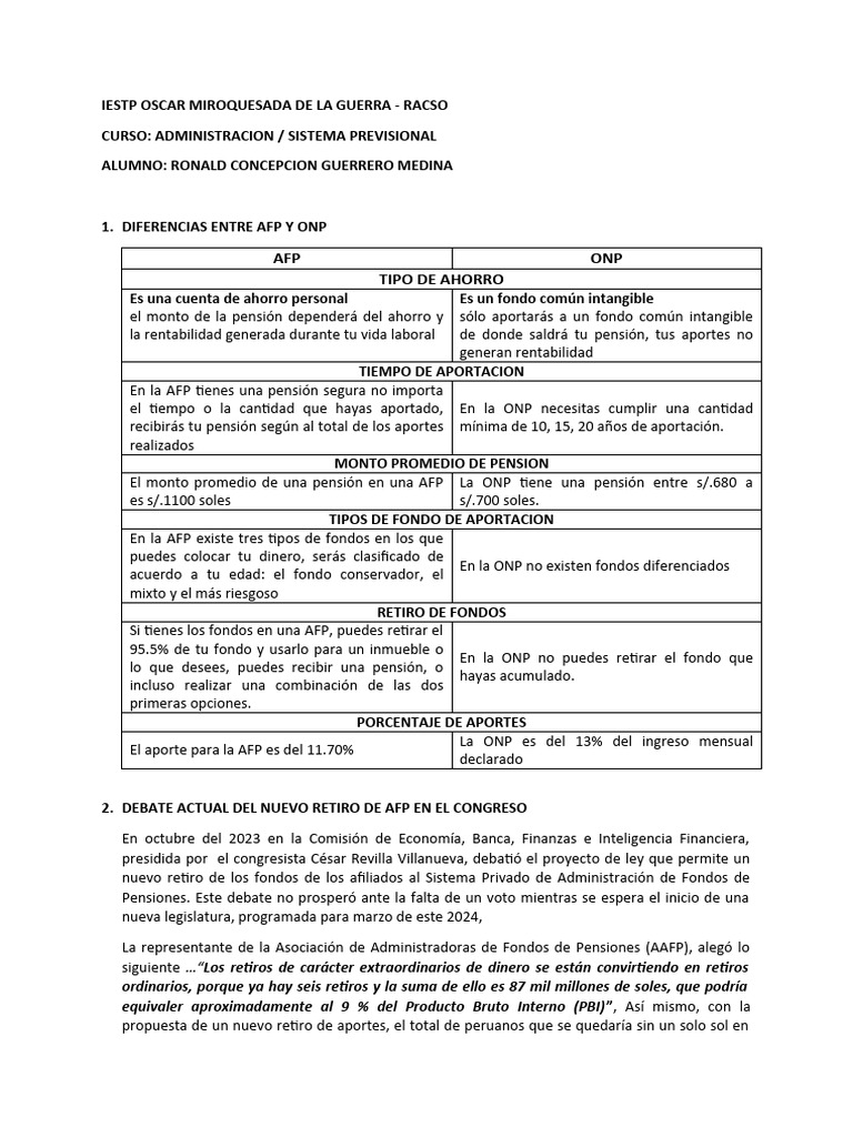 Diferencias AFP vs ONP y Retiro de Fondos | PDF