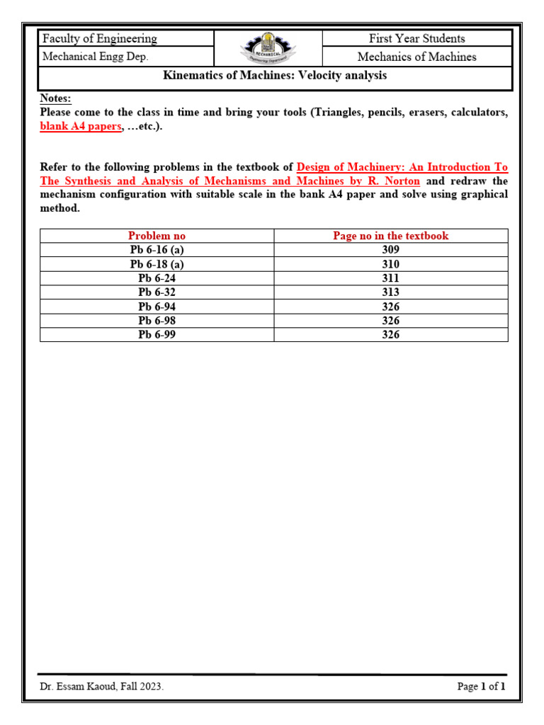 Kinematics of Machines: Velocity Analysis Notes | PDF