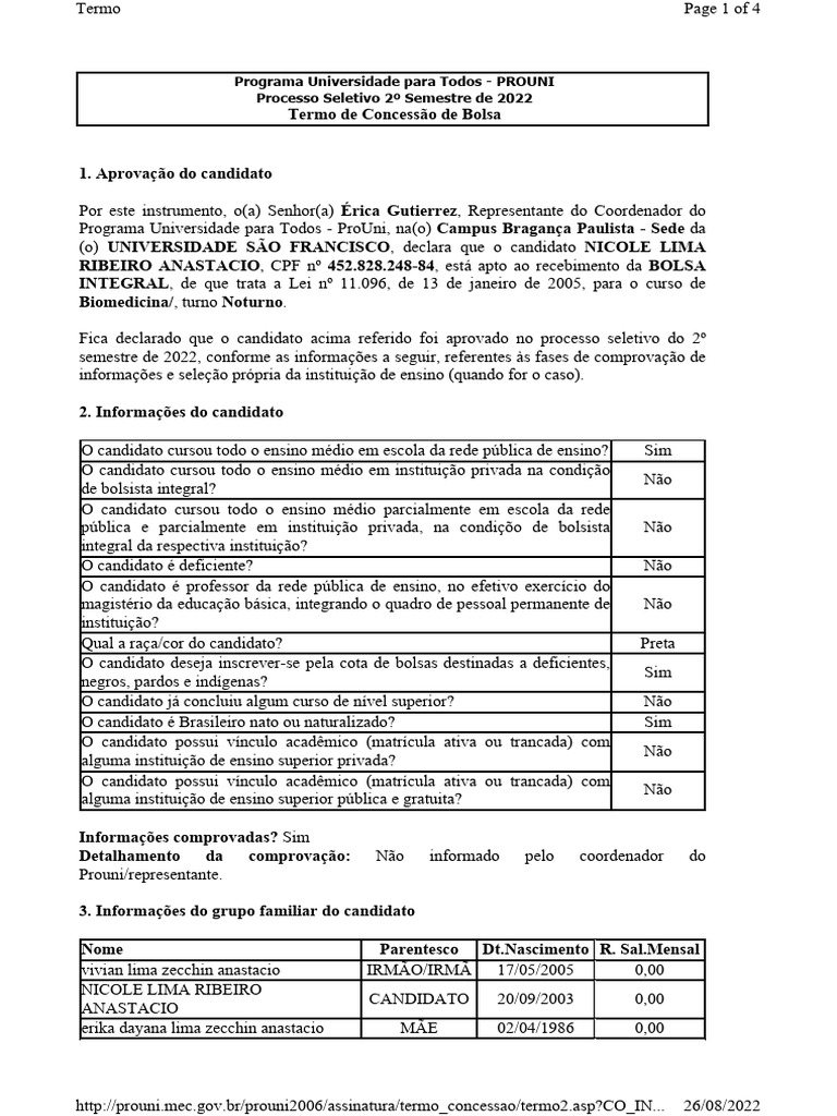 Termo de Concessão de Bolsa PROUNI 2022 | PDF