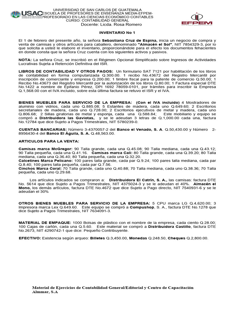 Ejercico 1 Contabilidad General Pdf Contabilidad Economias