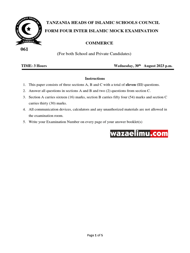 Form Four Commerce Mock Exam 2023 | PDF