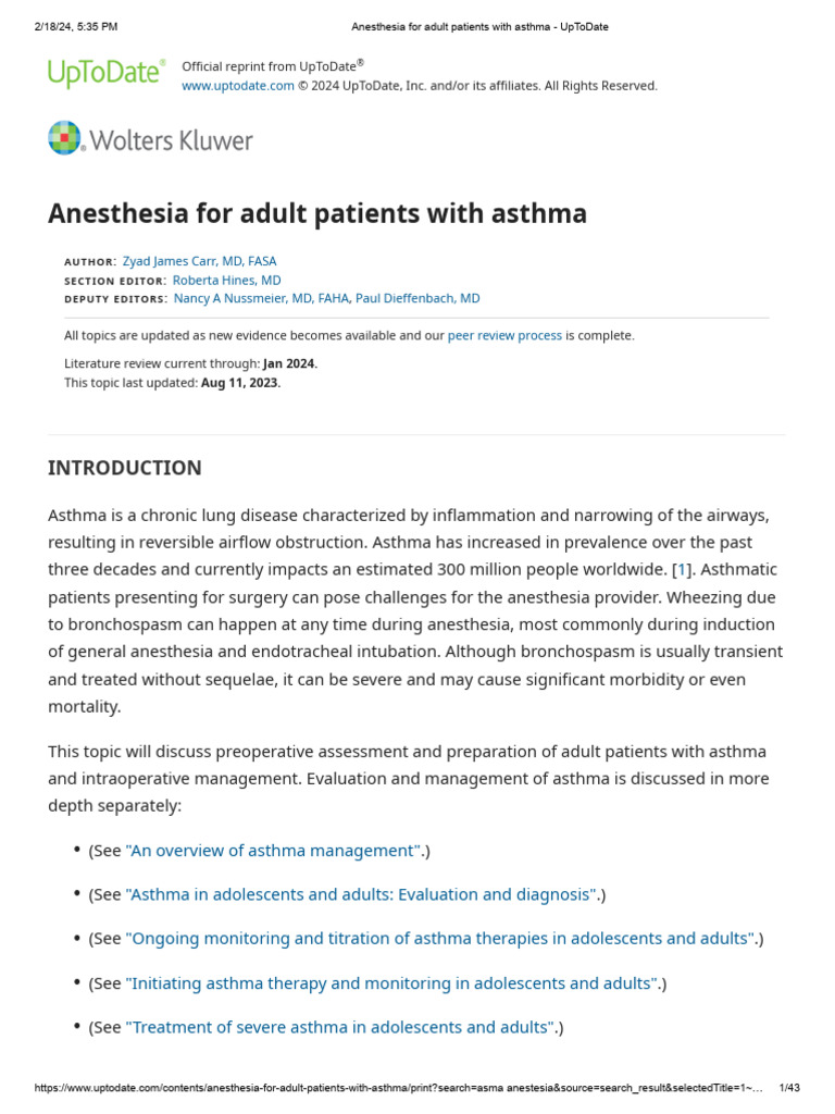 Anesthesia For Adult Patients With Asthma UpToDate PDF Asthma Anesthesia