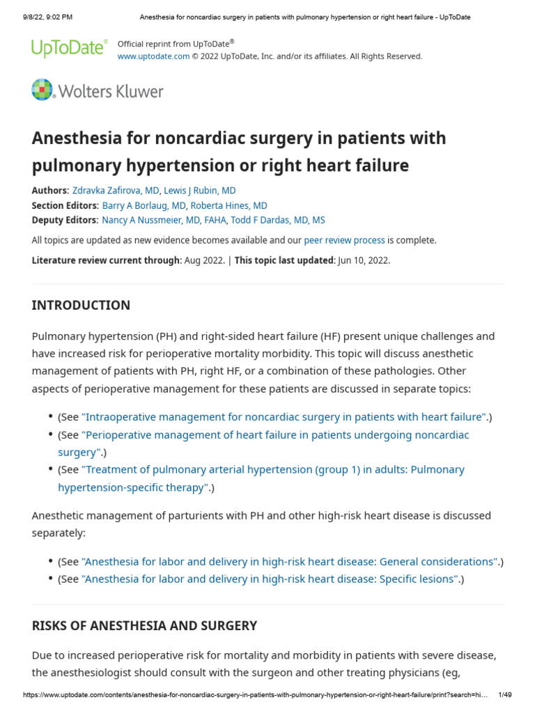 Anesthesia For Noncardiac Surgery in Patients With Pulmonary