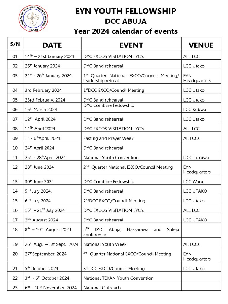 Dyc Abuja Calendar of Events 2024 PDF