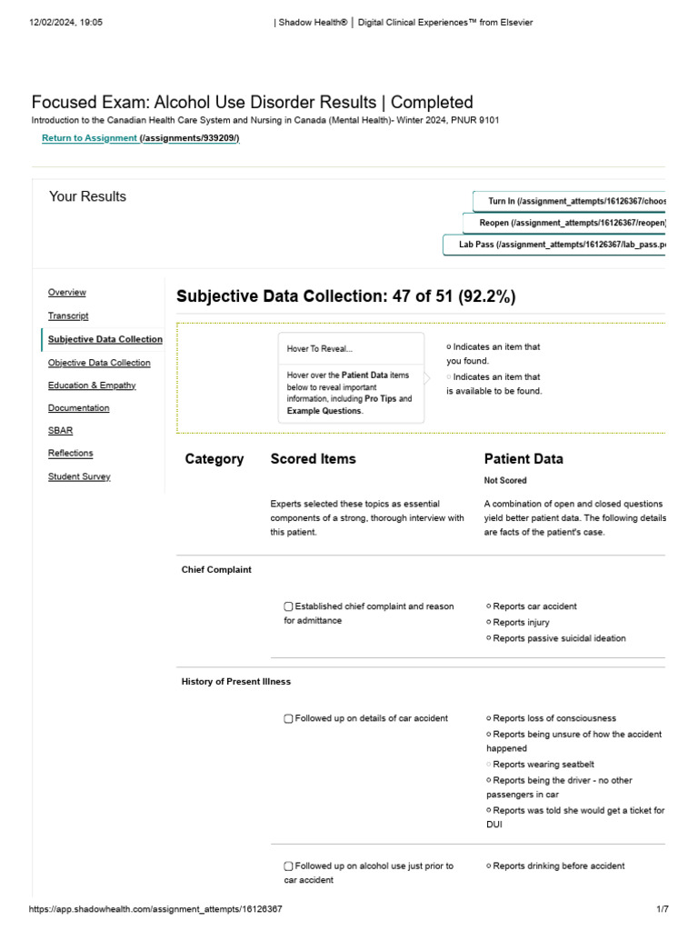 Subjective Data Collection Alcohol | PDF | Pain | Clinical Medicine