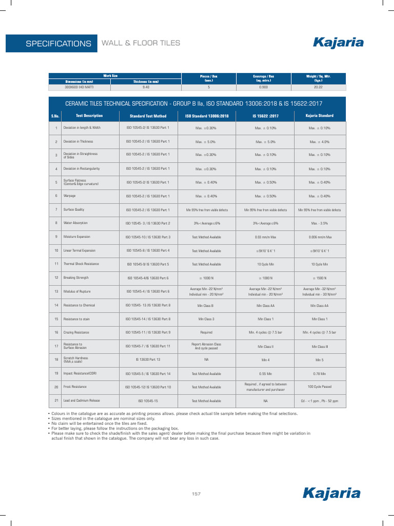 Kajaria 300x600 Tile Specifications | PDF | Technology & Engineering