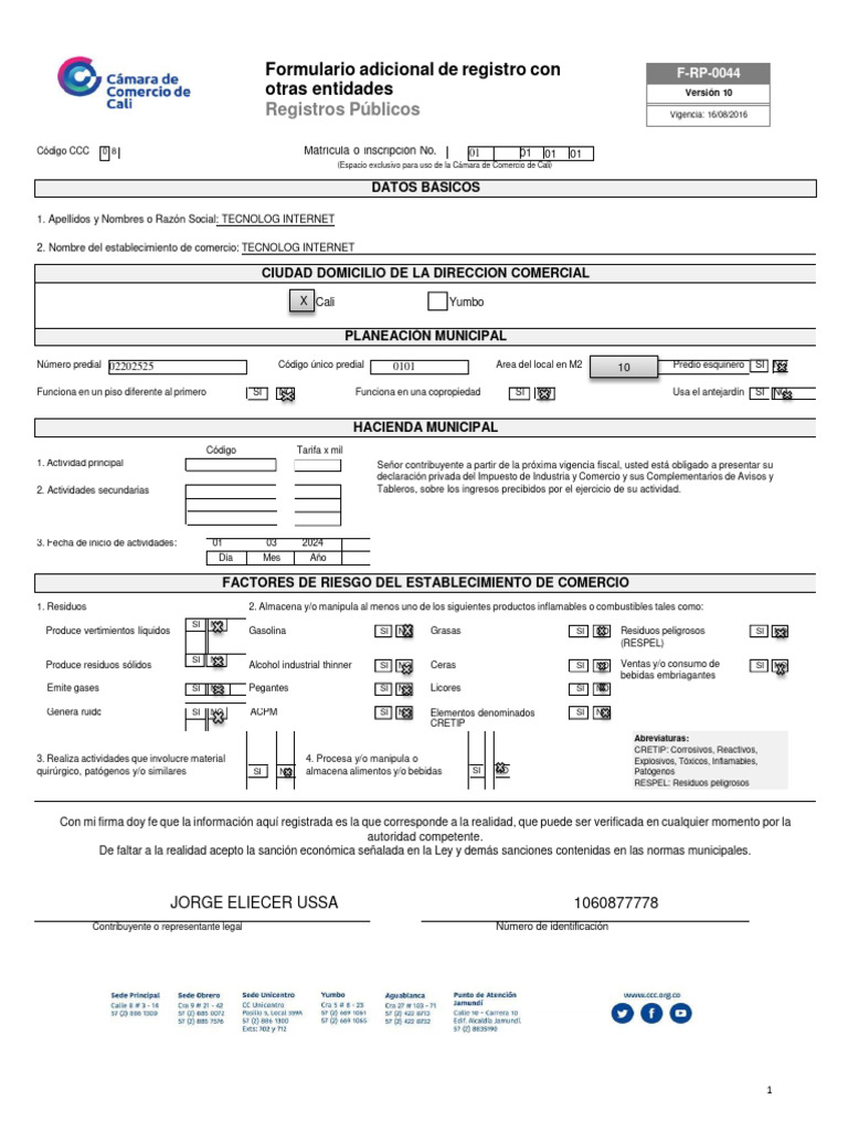 Registro Comercial en Cali: Formulario y Tarifas | PDF | Comercio ...