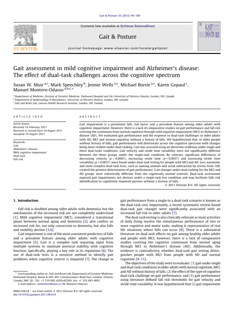 Gait Assessment in Mild Cognitive Impairment and Alzheimer's Disease ...