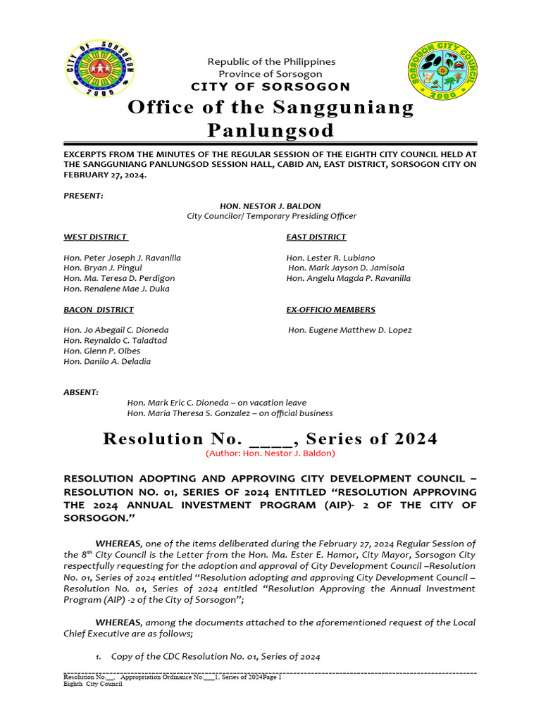 Resolution No. - , Series of 2024 (FEBRUARY 27, 2024) CDC RESO NO. 1 ...