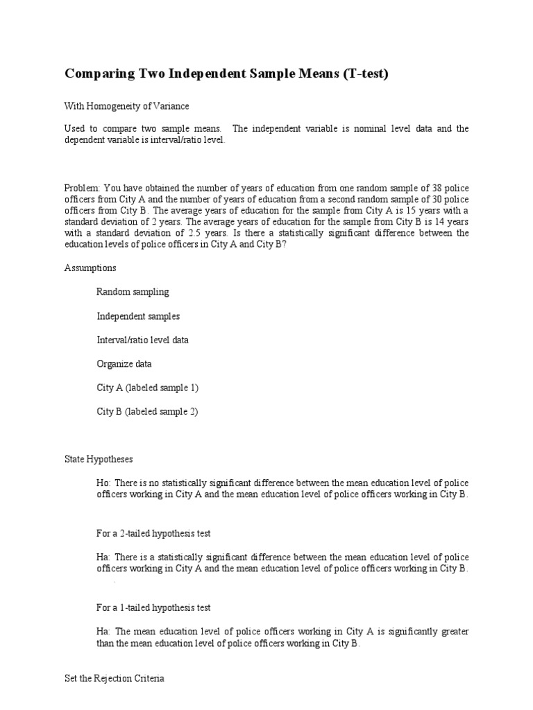 Comparing Two Independent Sample Means | PDF