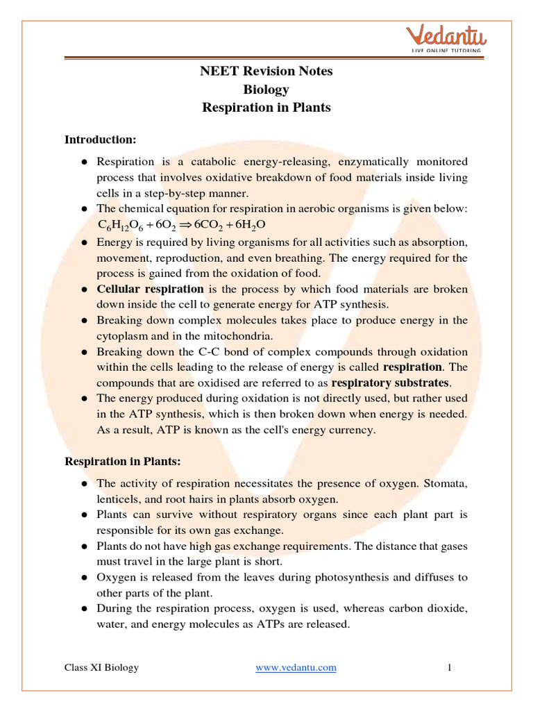 Respiration in Plants: Class 11 Notes | PDF | Cellular Respiration ...